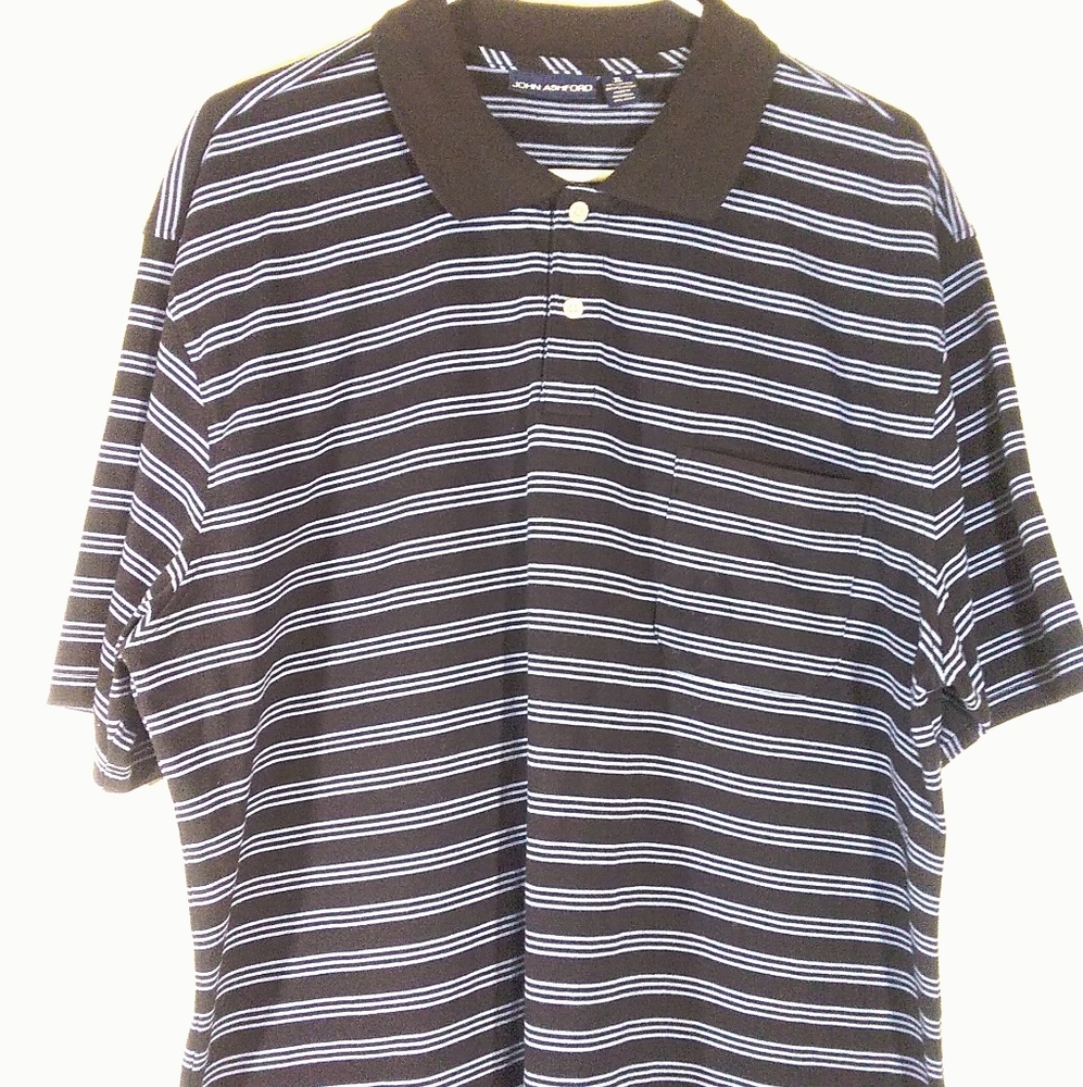 John Ashford Men Blue Striped Polo Shirt Size: XL